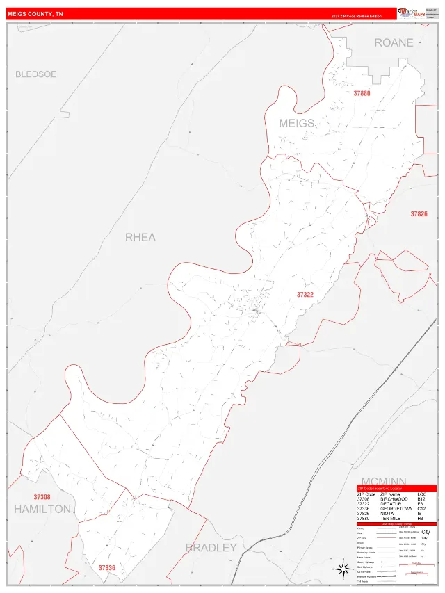 Meigs County, TN ZIP Code Wall Map, RedLine style