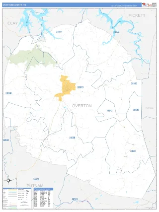 Overton County, TN Business Reference style ZIP Code wall map