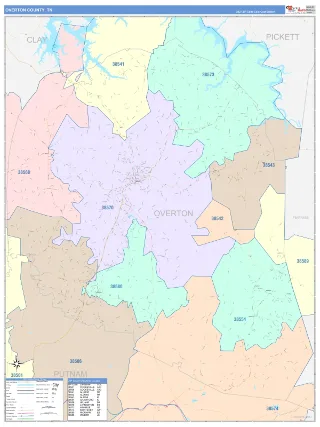 Overton County, TN ColorCast style ZIP Code wall map