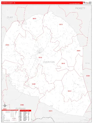 Overton County, TN RedLine style ZIP Code wall map
