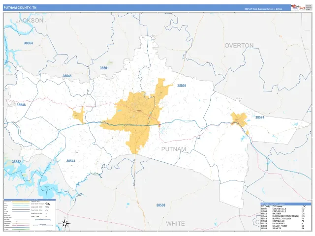 Putnam County, TN ZIP Code Wall Map, Business Reference style