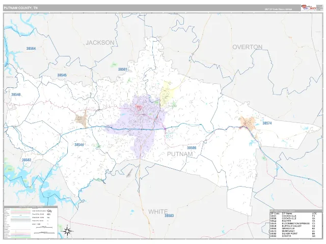 Putnam County, TN ZIP Code Wall Map, Classic style