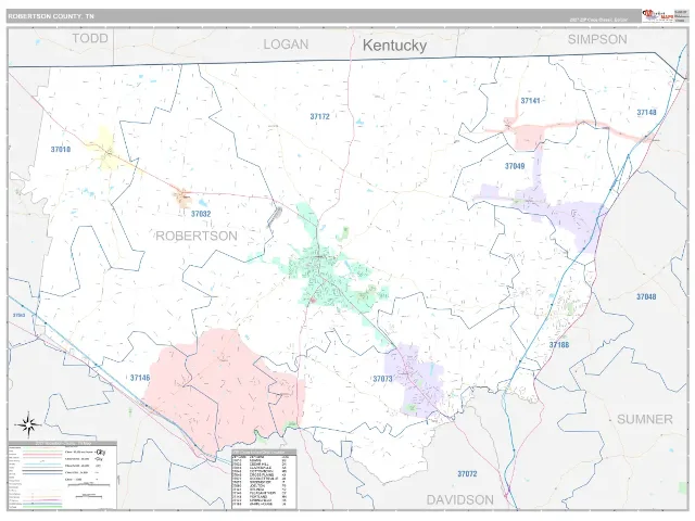 Robertson County, TN ZIP Code Wall Map, Classic style