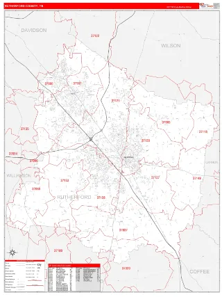 Rutherford County, TN RedLine style ZIP Code wall map