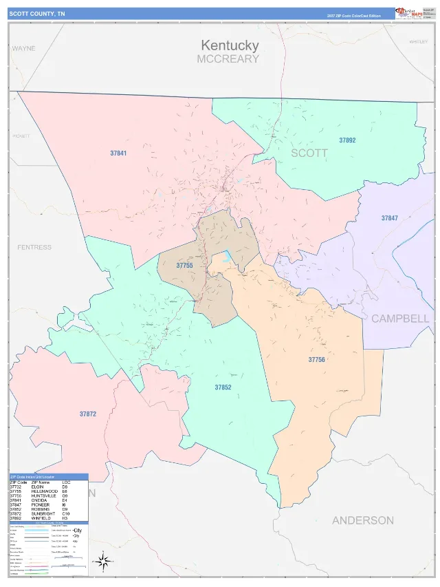 Scott County, TN ZIP Code Wall Map, ColorCast style