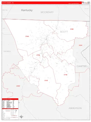 Scott County, TN RedLine style ZIP Code wall map