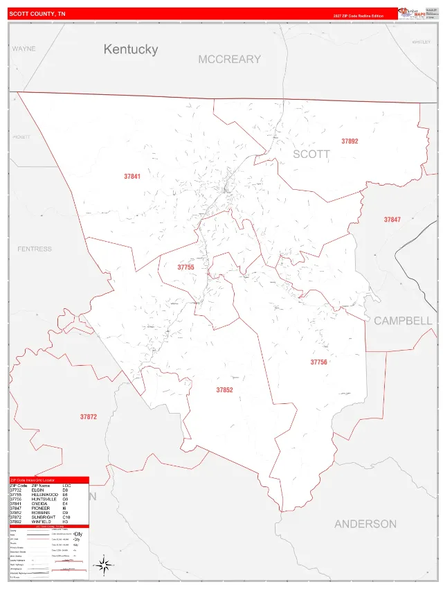 Scott County, TN ZIP Code Wall Map, RedLine style