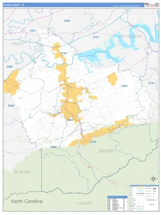 Sevier County, TN Business Reference style ZIP Code wall map