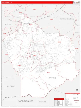 Sevier County, TN RedLine style ZIP Code wall map