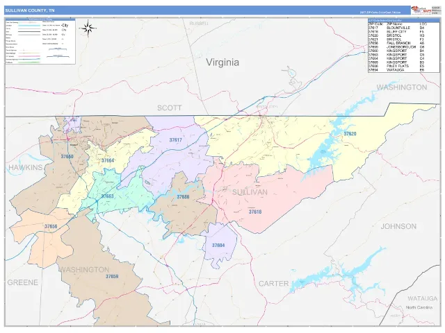 Sullivan County, TN ZIP Code Wall Map, ColorCast style