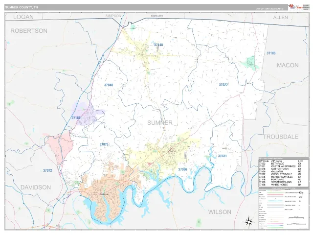 Sumner County, TN ZIP Code Wall Map, Classic style