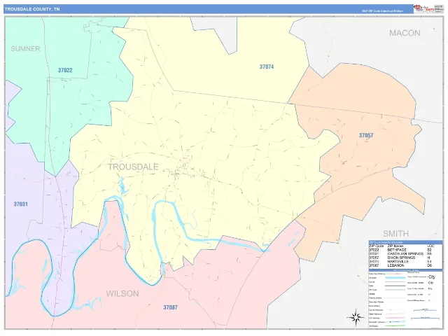 Trousdale County, TN ZIP Code Wall Map, ColorCast style