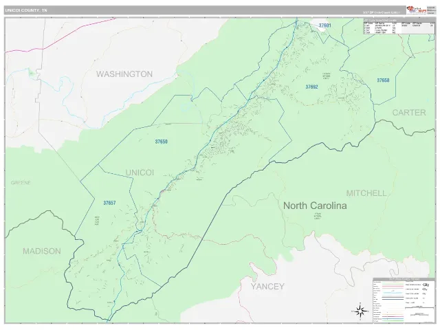 Unicoi County, TN ZIP Code Wall Map, Classic style