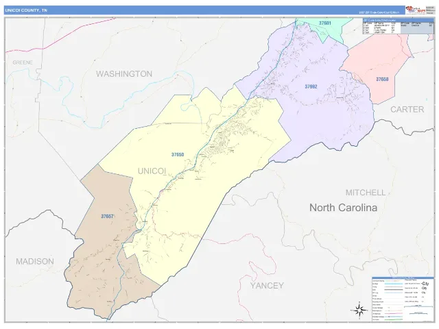 Unicoi County, TN ZIP Code Wall Map, ColorCast style