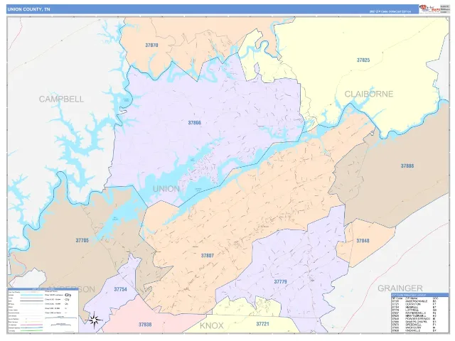 Union County, TN ZIP Code Wall Map, ColorCast style
