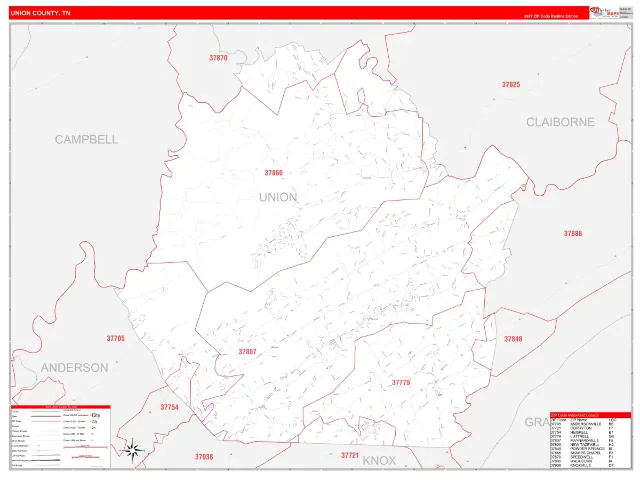 Union County, TN ZIP Code Wall Map, RedLine style