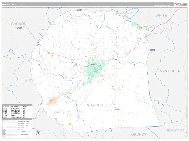 Warren County, TN ZIP Code Wall Map, Classic style