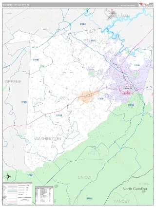 Washington County, TN Classic style ZIP Code wall map