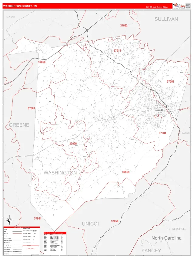 Washington County, TN ZIP Code Wall Map, RedLine style