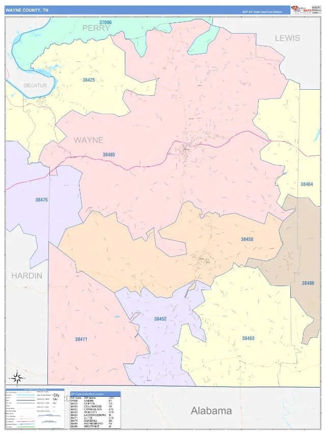 Wayne County, TN ZIP Code Wall Map, ColorCast style