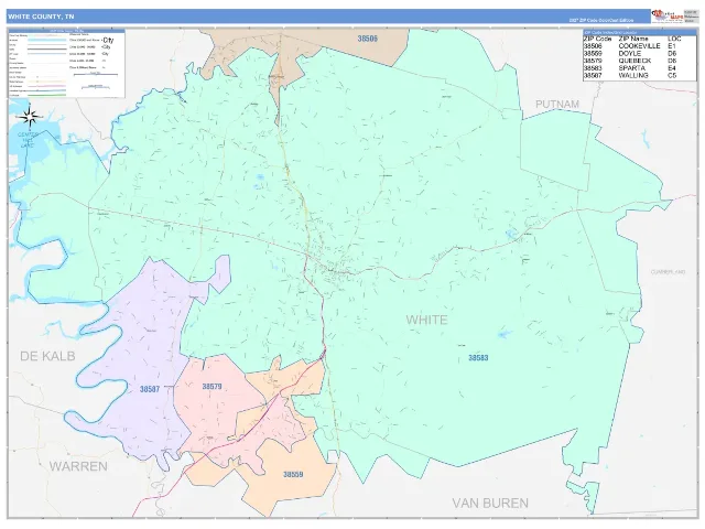 White County, TN ZIP Code Wall Map, ColorCast style