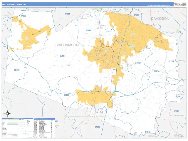 Williamson County, TN ZIP Code Wall Map, Business Reference style