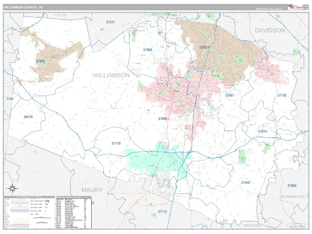 Williamson County, TN ZIP Code Wall Map, Classic style
