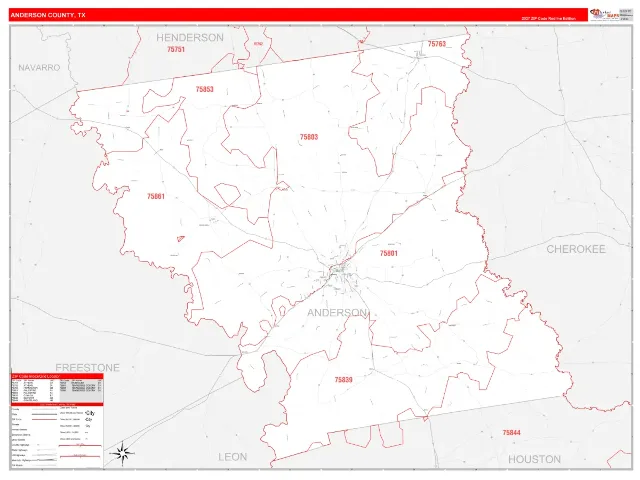Anderson County, TX ZIP Code Wall Map, RedLine style