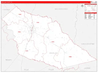 Angelina County, TX RedLine style ZIP Code wall map