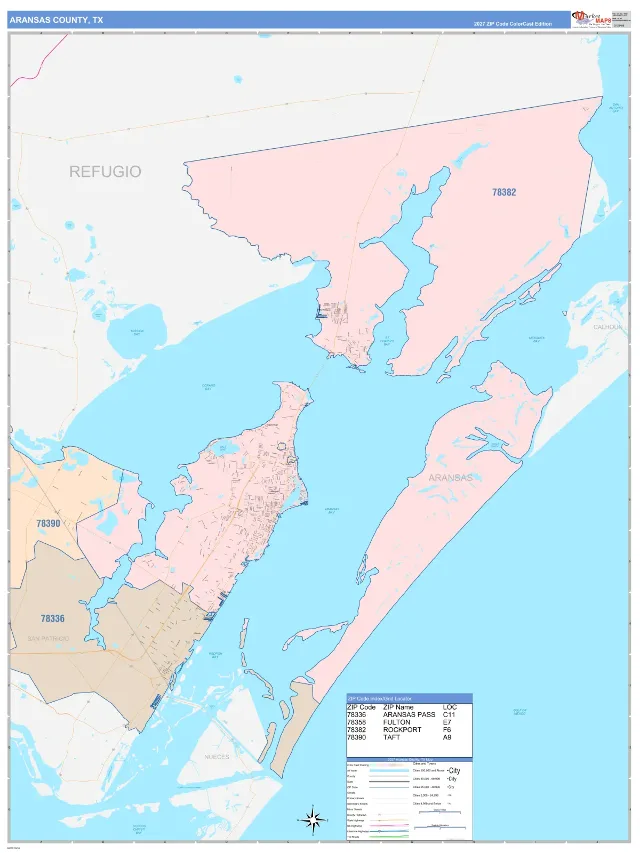 Aransas County, TX ZIP Code Wall Map, ColorCast style