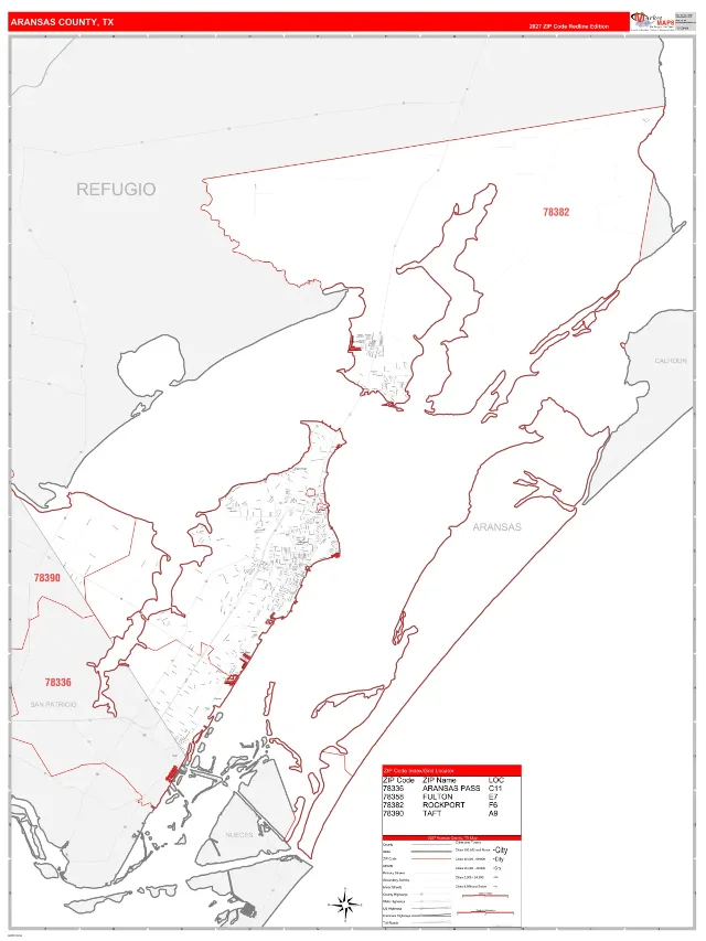 Aransas County, TX ZIP Code Wall Map, RedLine style