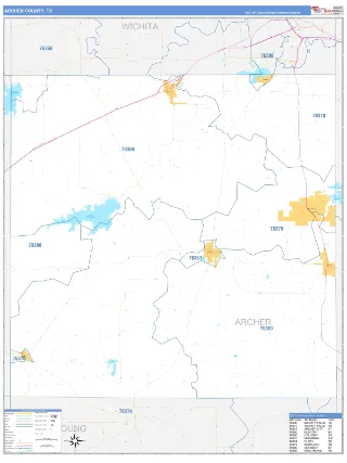 Archer County, TX Business Reference style ZIP Code wall map