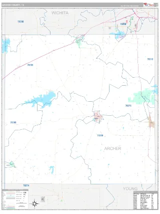 Archer County, TX Classic style ZIP Code wall map