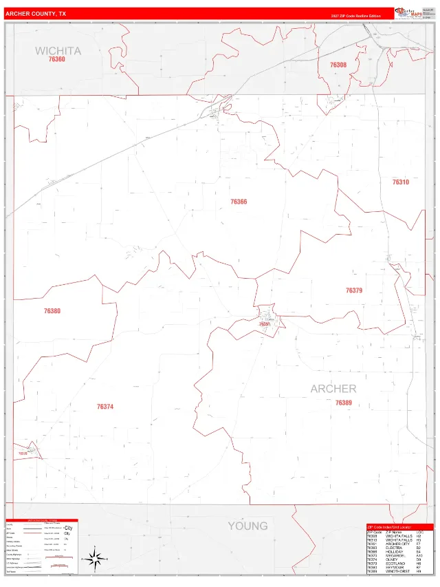 Archer County, TX ZIP Code Wall Map, RedLine style