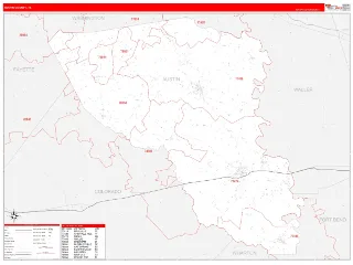 Austin County, TX RedLine style ZIP Code wall map