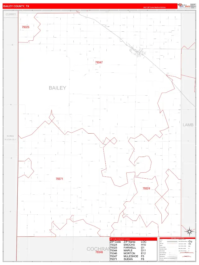 Bailey County, TX ZIP Code Wall Map, RedLine style