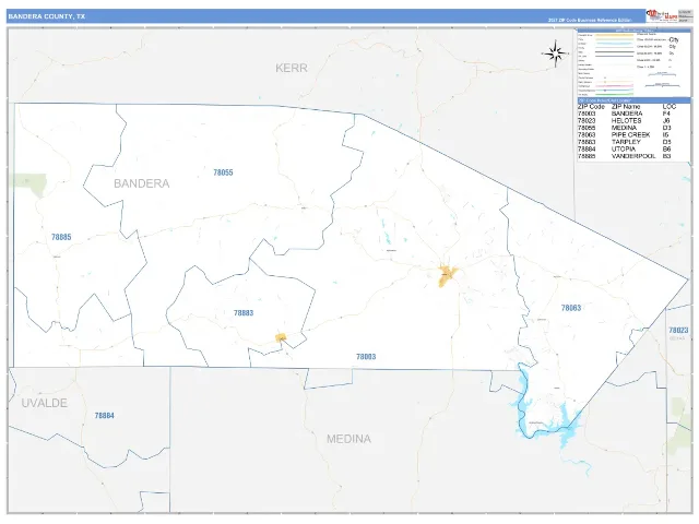 Bandera County, TX ZIP Code Wall Map, Business Reference style
