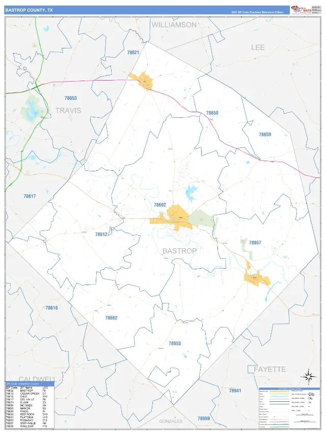 Bastrop County, TX ZIP Code Wall Map, Business Reference style