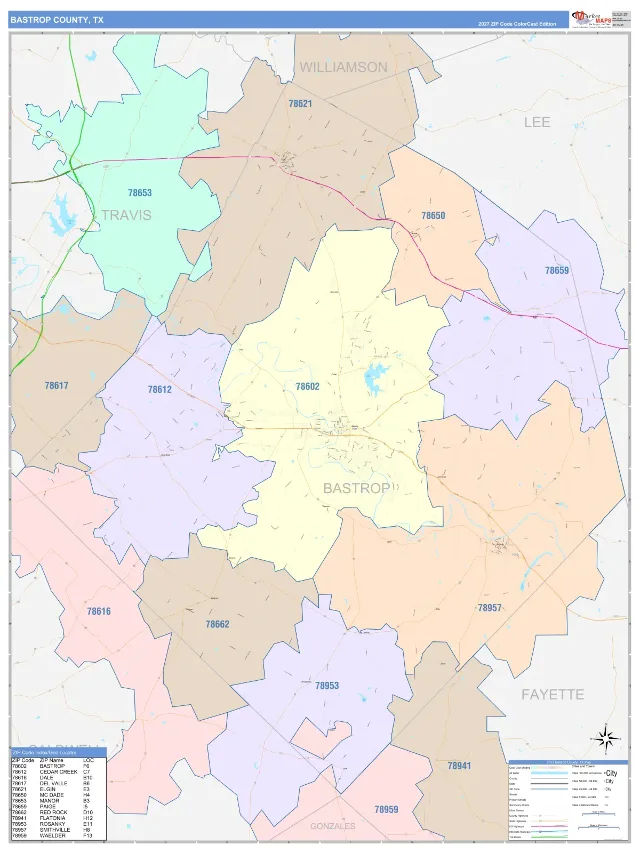 Bastrop County, TX ZIP Code Wall Map, ColorCast style