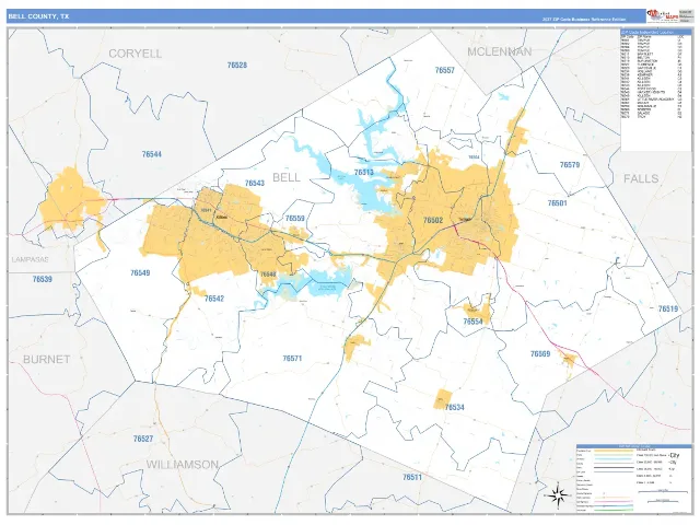 Bell County, TX ZIP Code Wall Map, Business Reference style