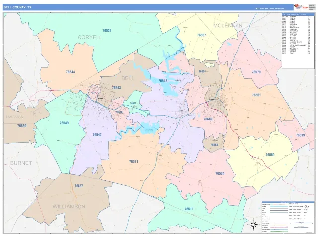Bell County, TX ZIP Code Wall Map, ColorCast style