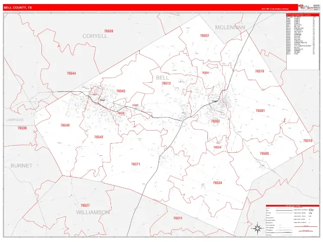 Bell County, TX ZIP Code Wall Map, RedLine style