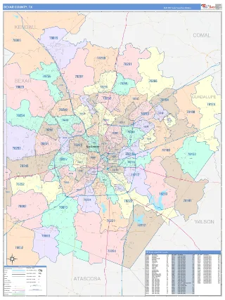 Bexar County, TX ColorCast style ZIP Code wall map