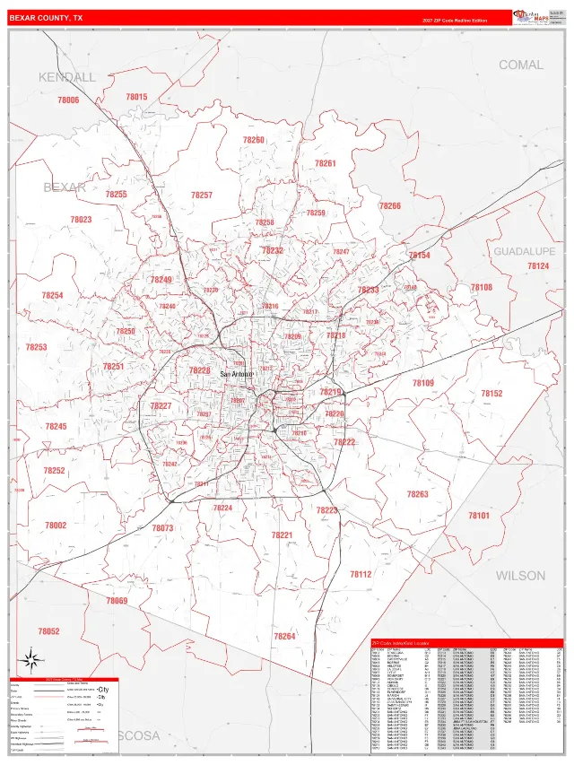 Bexar County, TX ZIP Code Wall Map, RedLine style