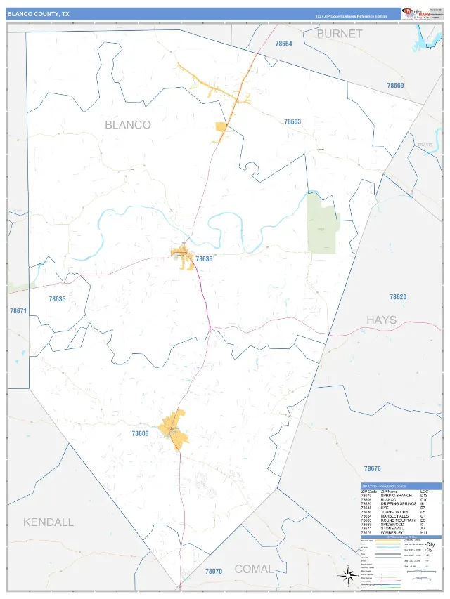 Blanco County, TX ZIP Code Wall Map, Business Reference style
