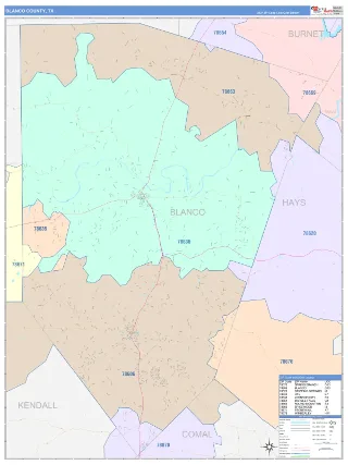 Blanco County, TX ColorCast style ZIP Code wall map