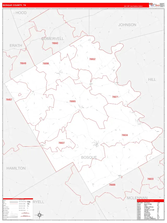 Bosque County, TX ZIP Code Wall Map, RedLine style