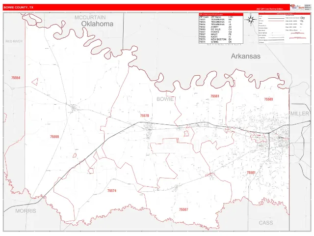 Bowie County, TX ZIP Code Wall Map, RedLine style
