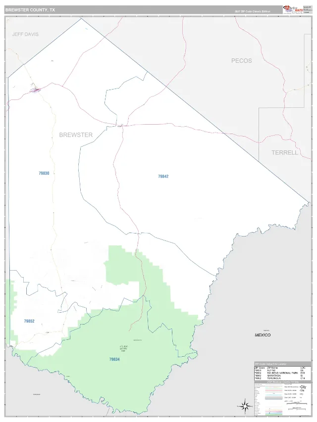 Brewster County, TX ZIP Code Wall Map, Classic style