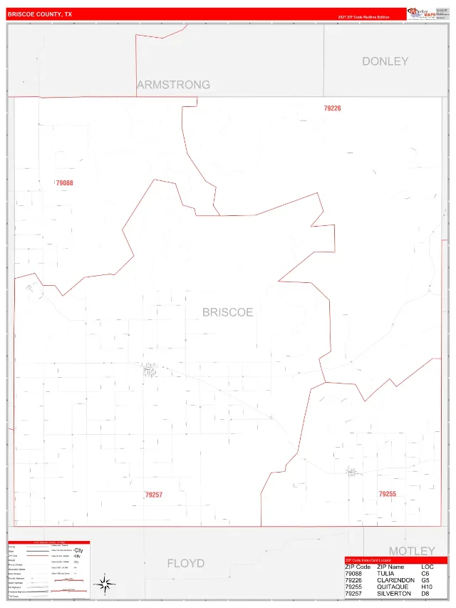 Briscoe County, TX ZIP Code Wall Map, RedLine style